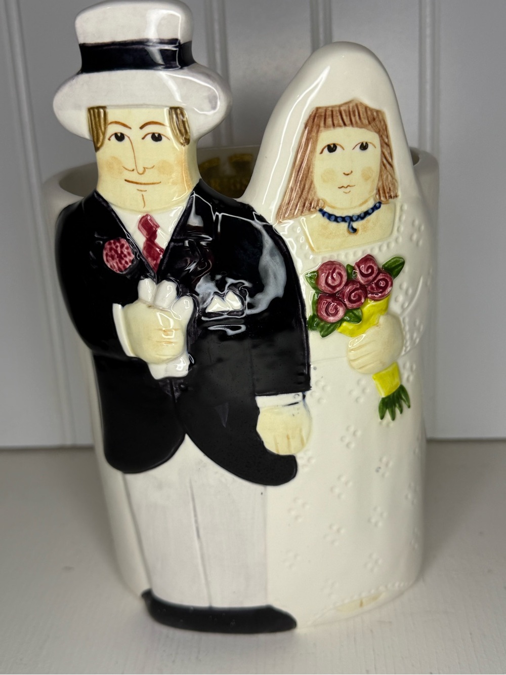 Wedding Marriage Les Artisans Sigma Tastesetter Vtg Ceramic Vase Bride & Groom